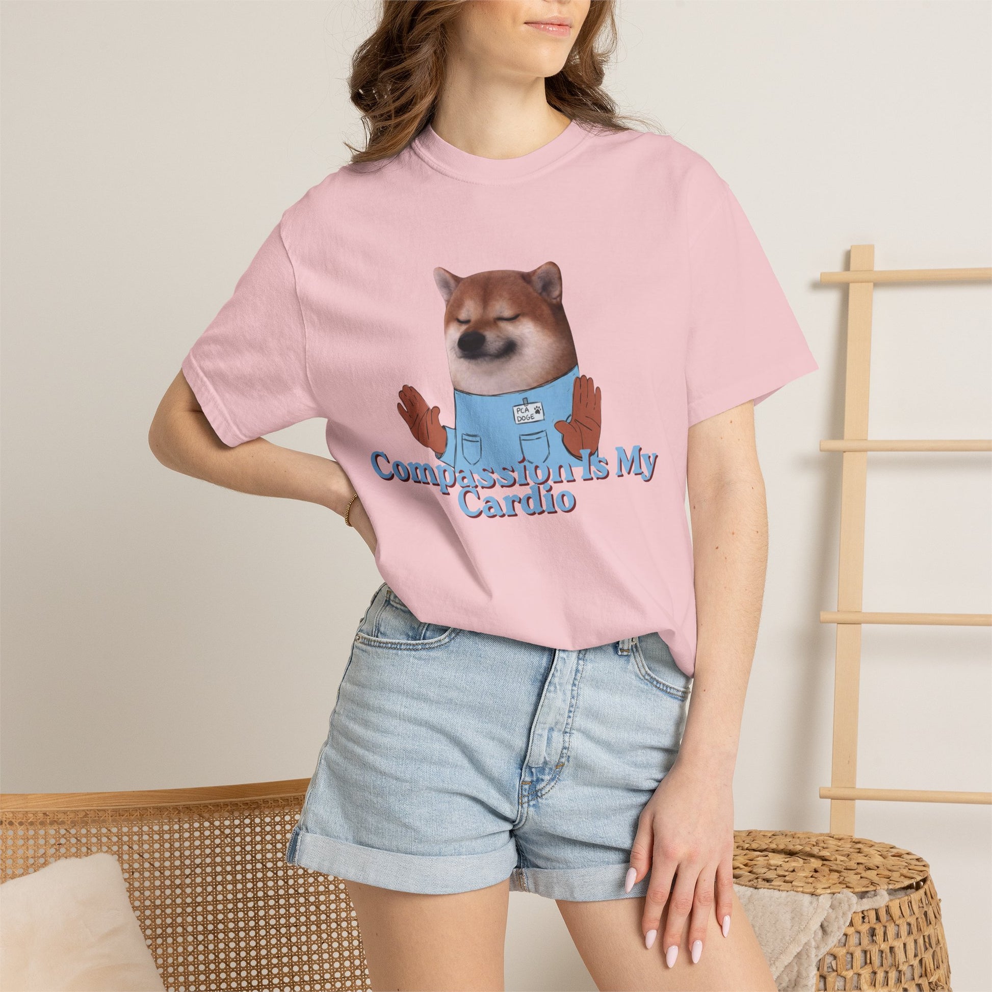 Compassion Is My Cardio shirt with cute illustrated dog design