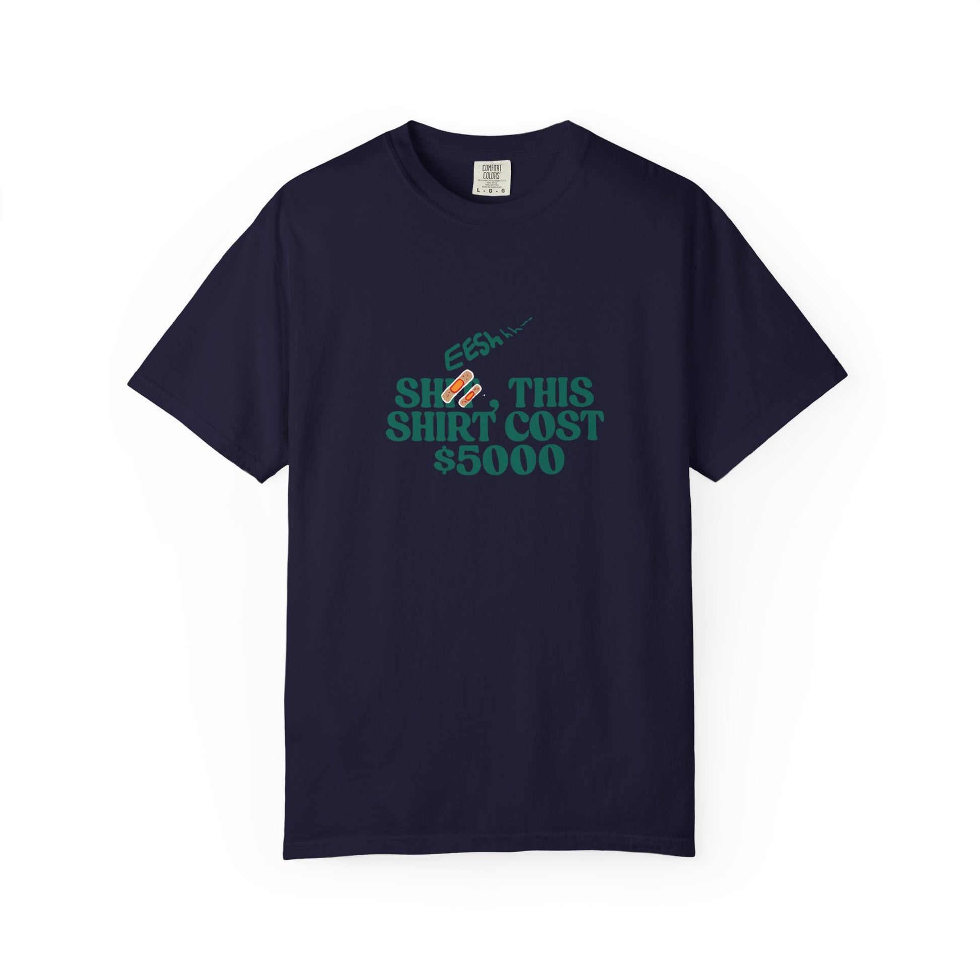 blue heavyweight cotton tee with bold typographic graphic on chest