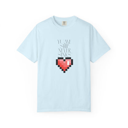 gamer Valentine shirt pixel heart detail left chest placement
