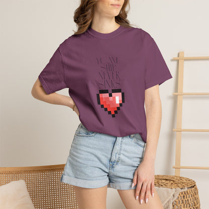 gamer apparel pixel heart chest placement lifestyle model seated
