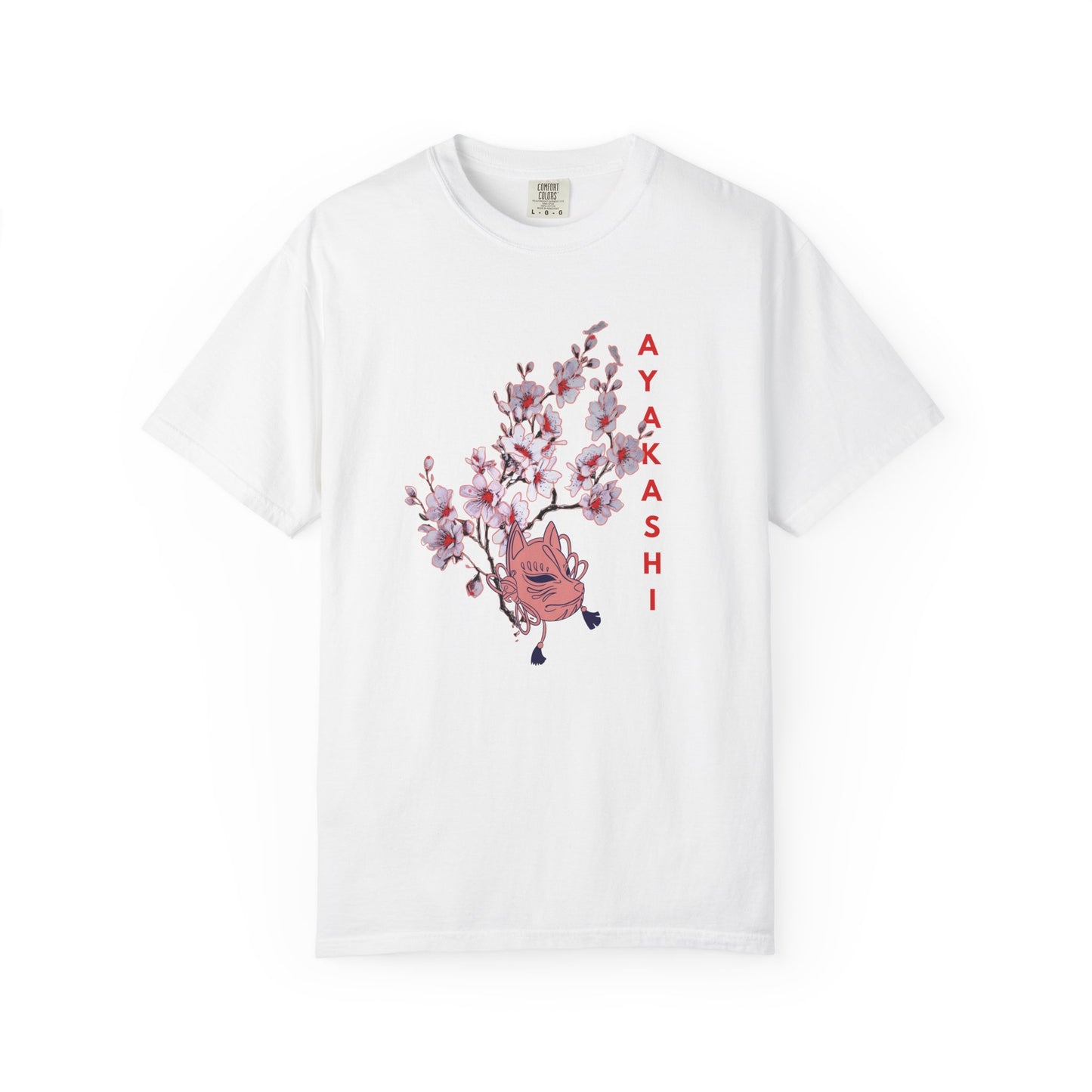 heavyweight cotton tee with vertical AYAKASHI lettering and cherry blossom print