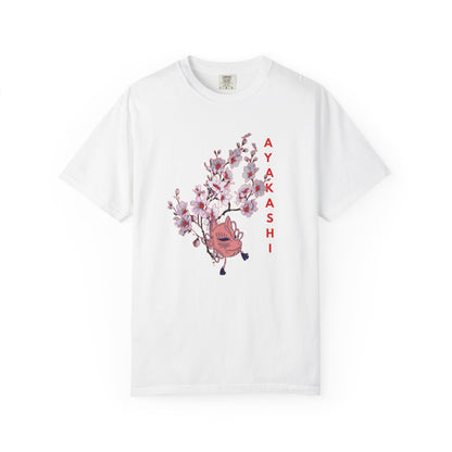 heavyweight cotton tee with vertical AYAKASHI lettering and cherry blossom print
