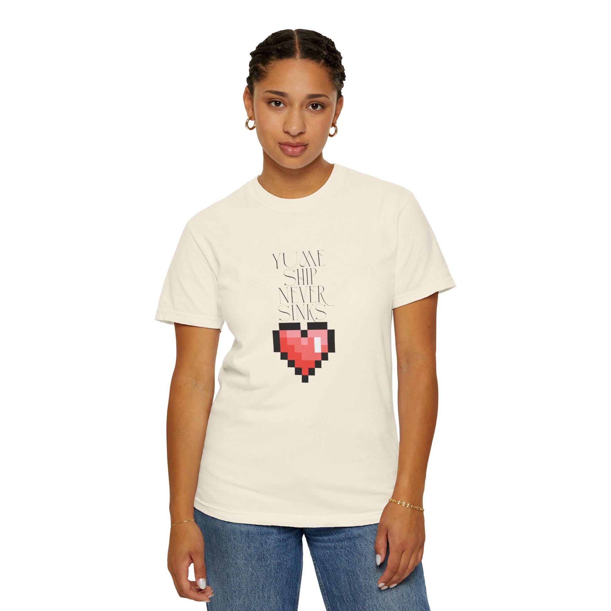 pixel heart unisex tee size range S to 3XL all sizes flat lay

