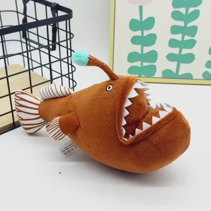 Angler fish plush with bioluminescent lure detail close-up
