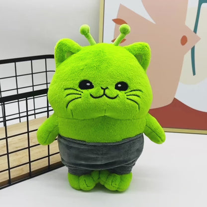 Green alien cat meme soft toy full body plush fabric detail