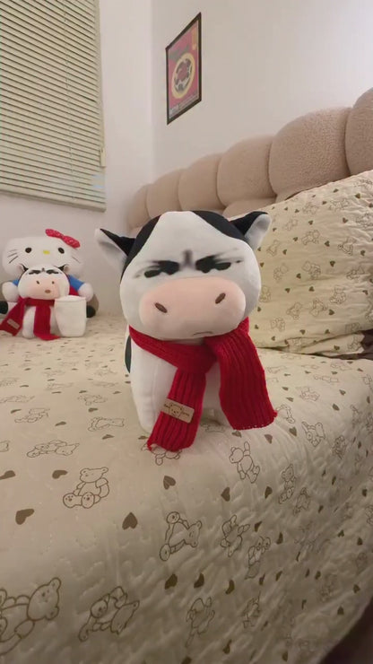 Angry Cow Plush Toy with Red Scarf  Cute Grumpy Stuffed Cow Plush
