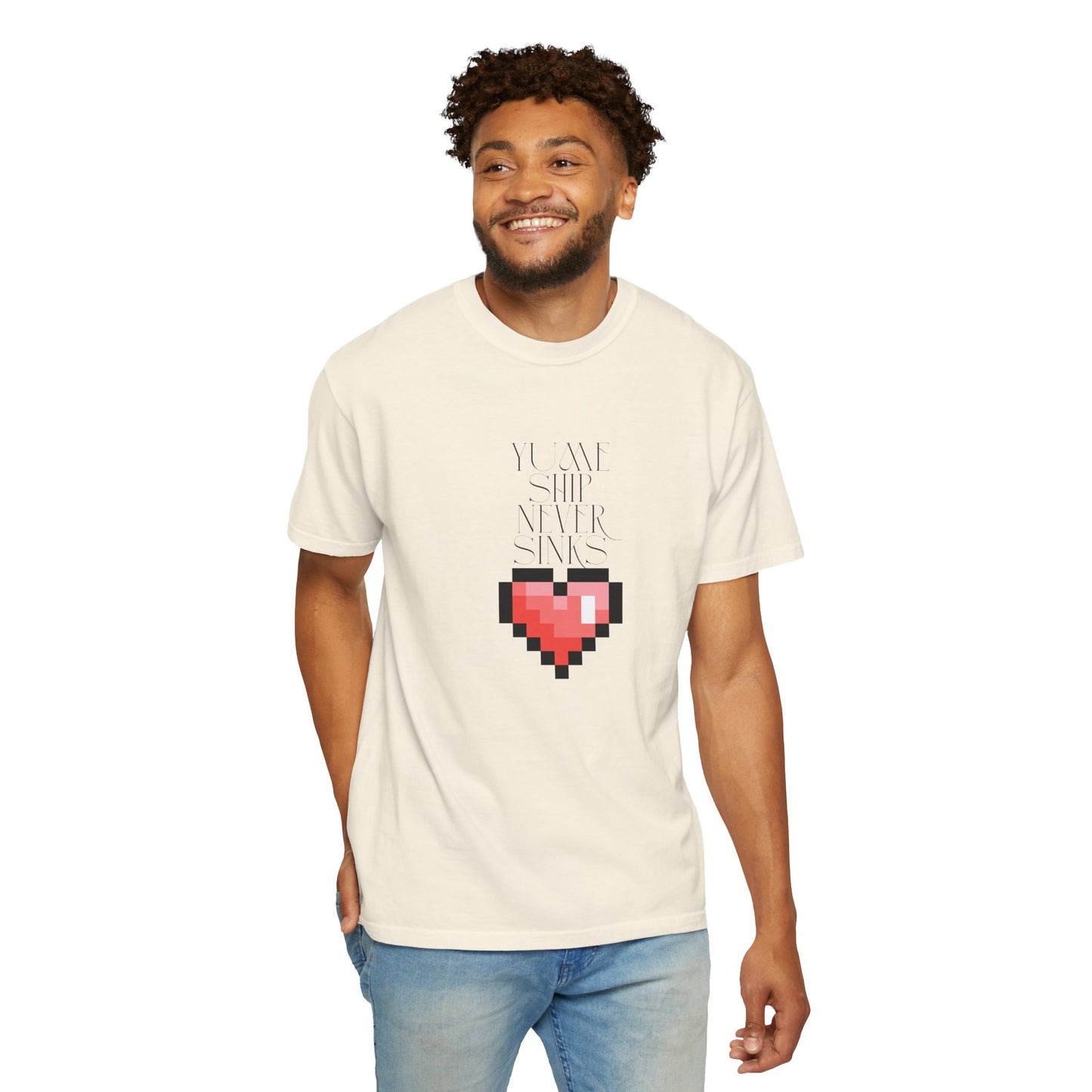 relaxed fit pixel heart shirt hanging on wooden hanger neutral background
