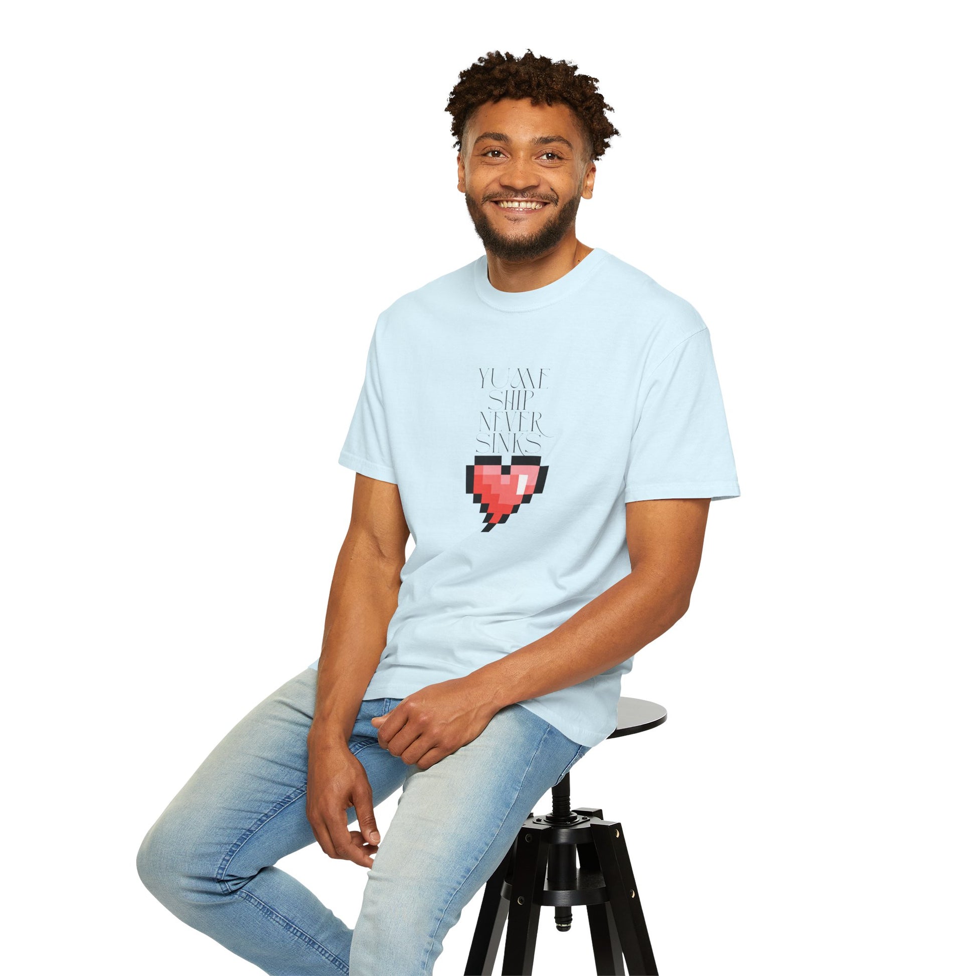 retro heart shirt worn model three quarter angle view
