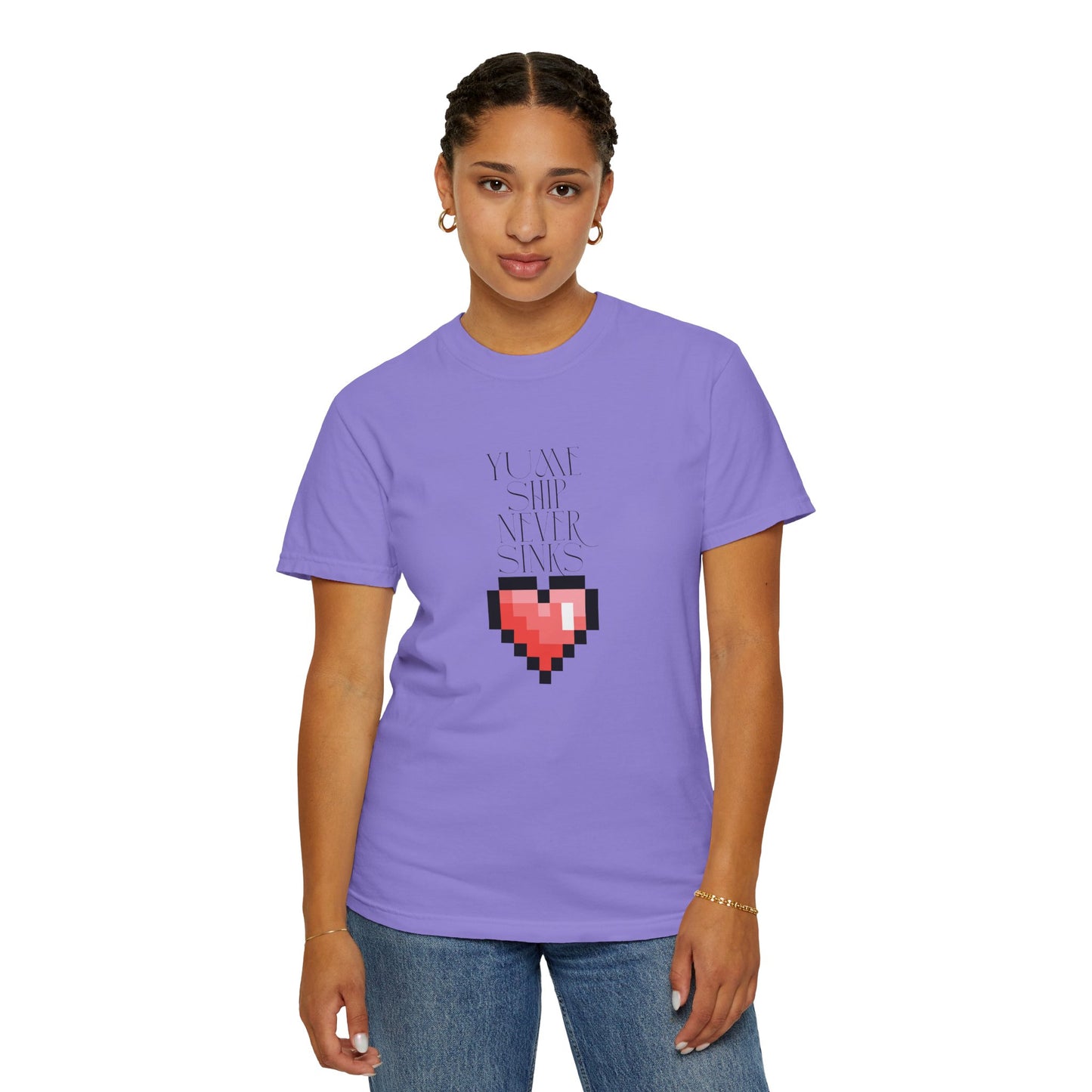 retro pixel shirt waist up model casual relaxed pose
