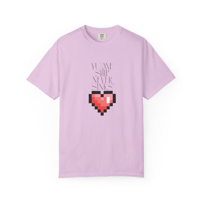 retro video game shirt relaxed fit model wearing pixel heart tee
